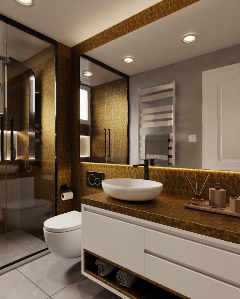 Interior Bathroom Renewal Golden wrapping vinyl by WrapStyle Home