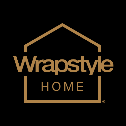WrapStyle Home brand logo in gold minimalist house outline